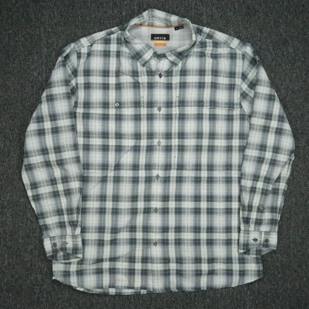 Orvis Shirt Men Large Gray White Plaid Active Fit Fishing Long Sleeve Seersucker